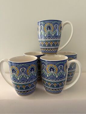 Vancasso Porcelain Coffee/Tea Mugs Blue & Yellow Set Of 5 Pre-Owned.